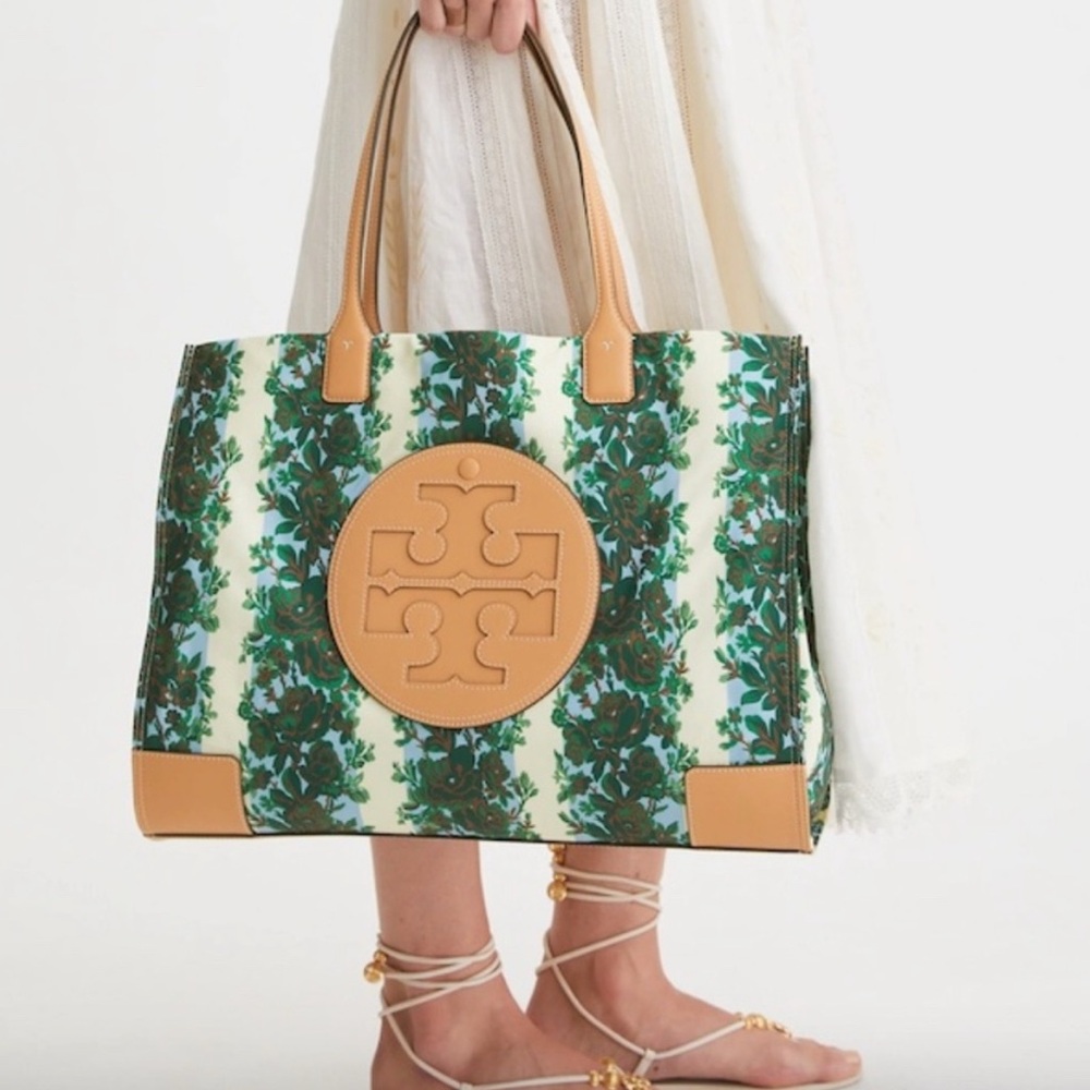 Tory Burch Green and Tan Floral Tote